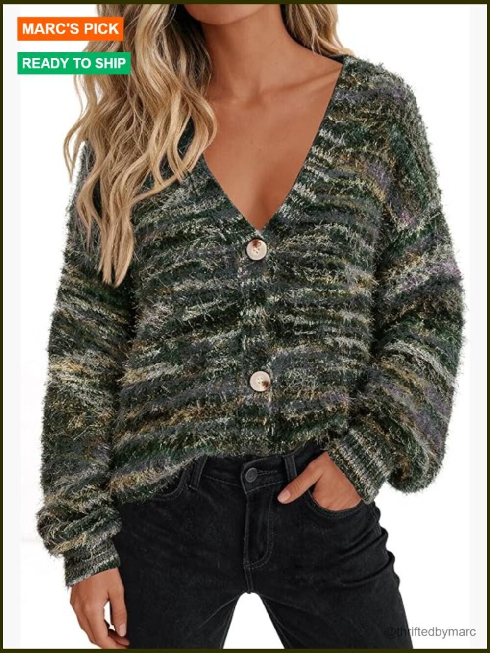 Striped V-Neck Button Cardigan Sweater Cozy Knit Fuzzy Fall Layering Piece
